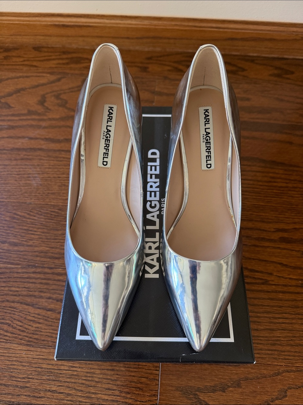 Karl Lagerfeld Paris Metallic Silver Pointed Toe Pumps size US8.5 NWT
